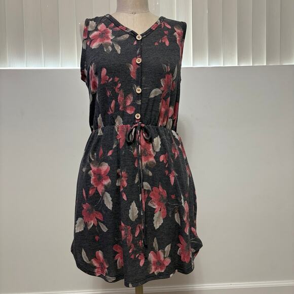 New! HOPELY Woman's Gray Floral Print Sleeveless V-Neck Mini Dress Small - Picture 1 of 6